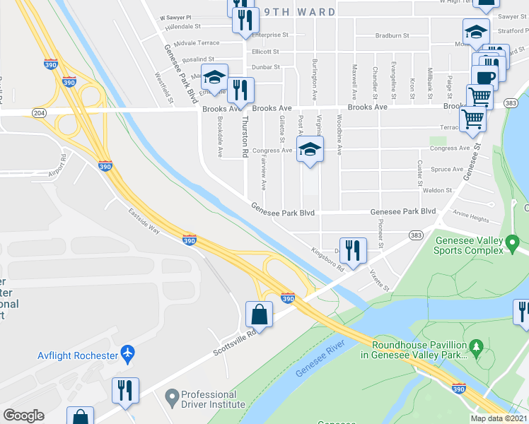 map of restaurants, bars, coffee shops, grocery stores, and more near Genesee Park Boulevard & Fairview Avenue in Rochester