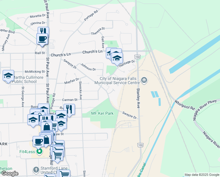 map of restaurants, bars, coffee shops, grocery stores, and more near 5815 Swayze Drive in Niagara Falls