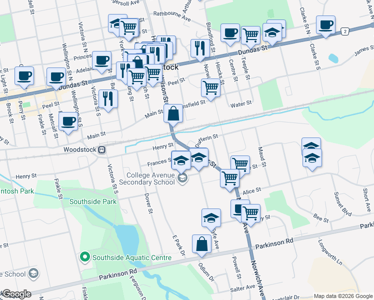 map of restaurants, bars, coffee shops, grocery stores, and more near 52 Cedar Street in Woodstock