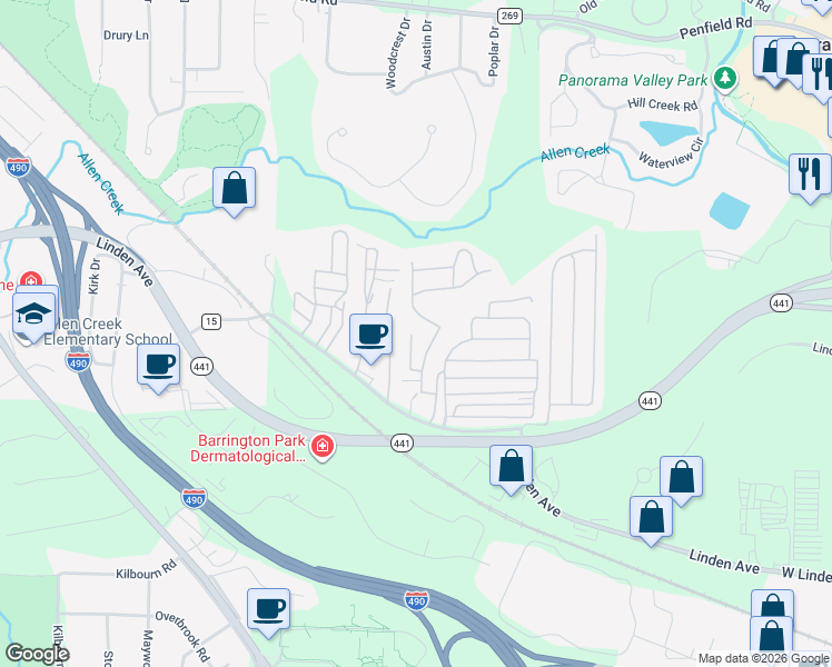 map of restaurants, bars, coffee shops, grocery stores, and more near 15 Honeysuckle Drive in Panorama