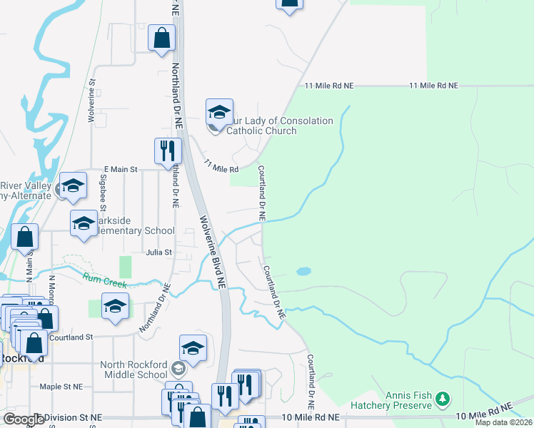 map of restaurants, bars, coffee shops, grocery stores, and more near 8860 Courtland Drive Northeast in Rockford
