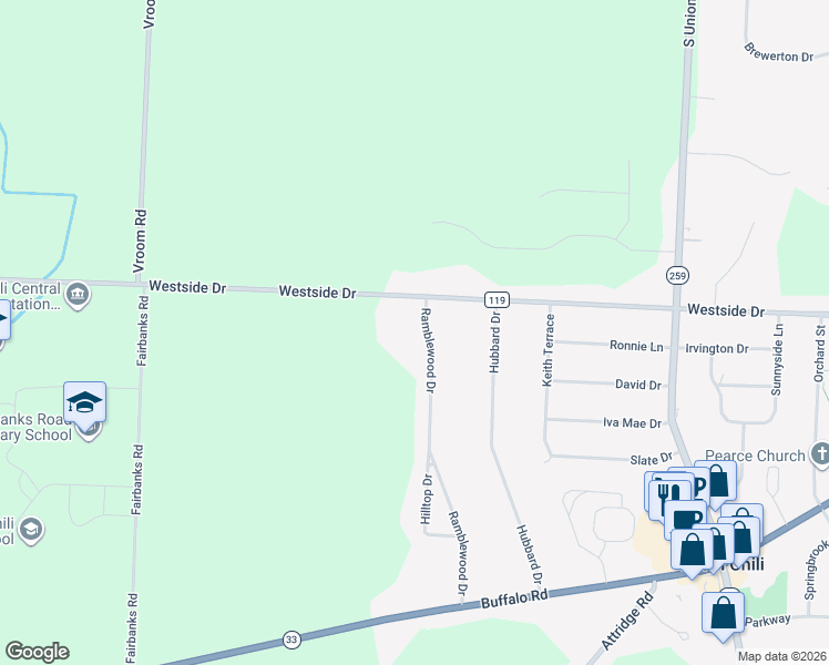 map of restaurants, bars, coffee shops, grocery stores, and more near 83 Ramblewood Drive in North Chili