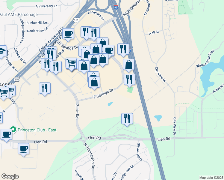 map of restaurants, bars, coffee shops, grocery stores, and more near 2136-2212 E Springs Dr in Madison