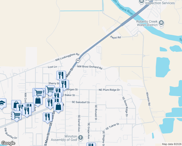 map of restaurants, bars, coffee shops, grocery stores, and more near 141 Northwest Brosi Orchard Road in Winston