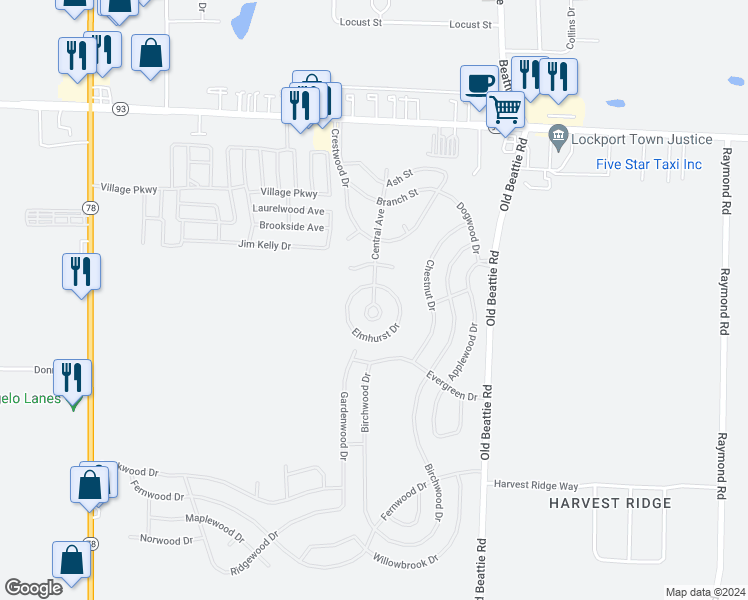 map of restaurants, bars, coffee shops, grocery stores, and more near 81 Fox Circle in Lockport