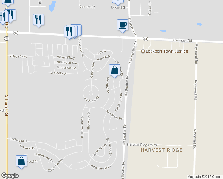 map of restaurants, bars, coffee shops, grocery stores, and more near 373 Knotty Pine Drive in Lockport