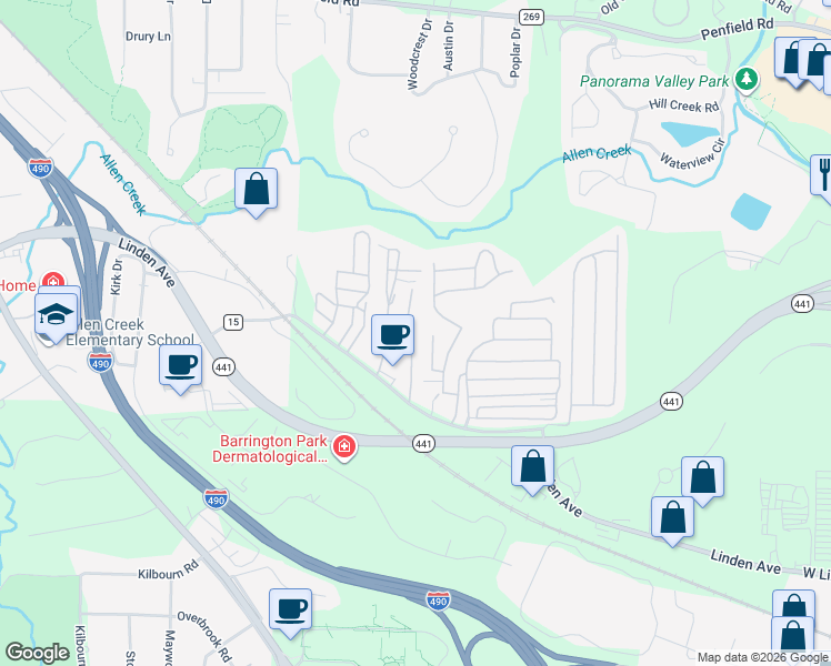 map of restaurants, bars, coffee shops, grocery stores, and more near 21 Ewald Drive in Rochester