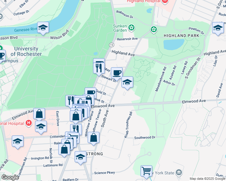 map of restaurants, bars, coffee shops, grocery stores, and more near 1449 South Avenue in Rochester
