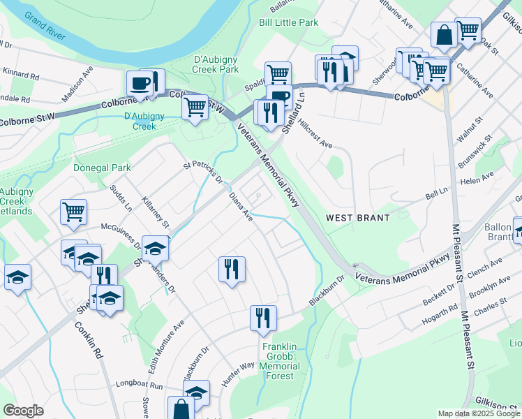map of restaurants, bars, coffee shops, grocery stores, and more near 21 Diana Avenue in Brantford