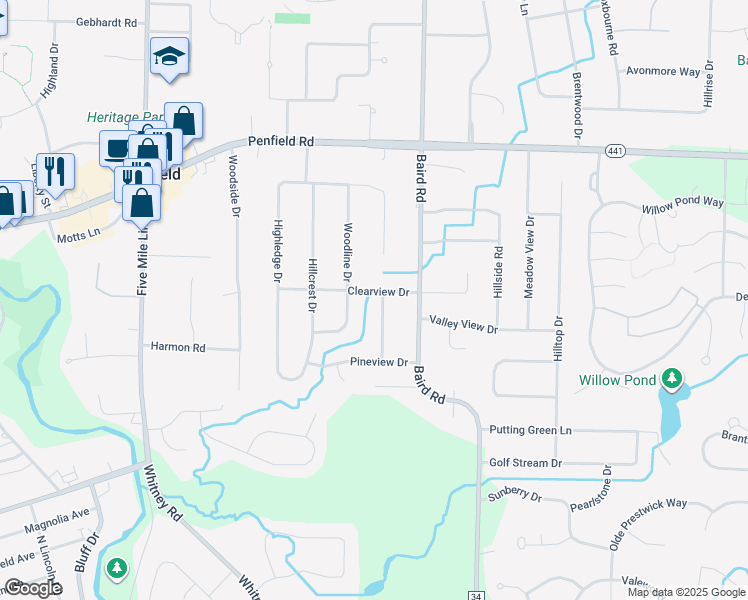 map of restaurants, bars, coffee shops, grocery stores, and more near 77 Clearview Drive in Penfield