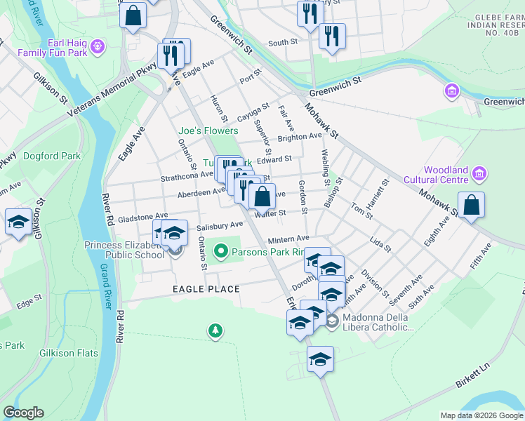 map of restaurants, bars, coffee shops, grocery stores, and more near 12 Walter Street in Brantford