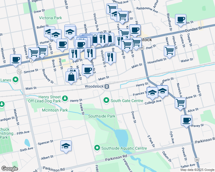 map of restaurants, bars, coffee shops, grocery stores, and more near in Woodstock