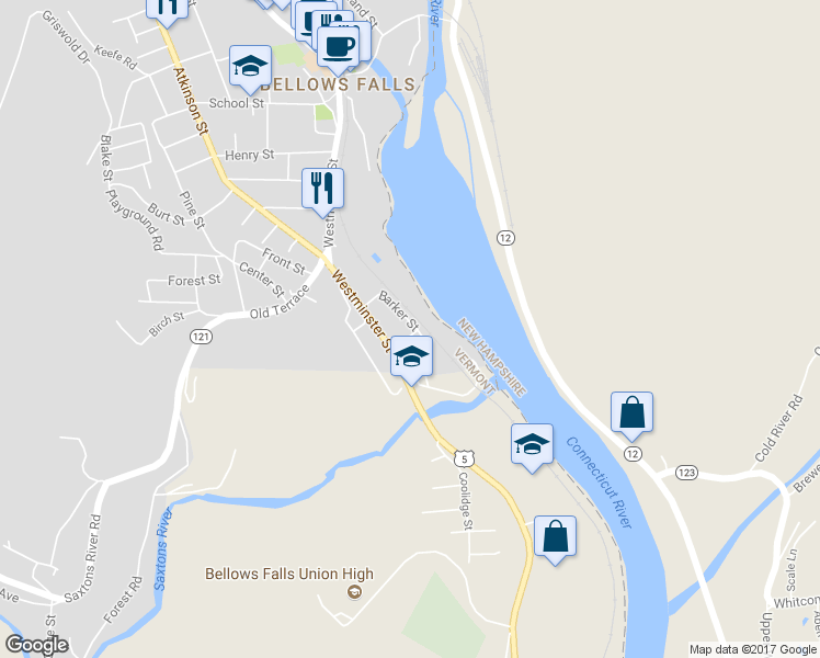 map of restaurants, bars, coffee shops, grocery stores, and more near 27 Barker Street in Town of Rockingham
