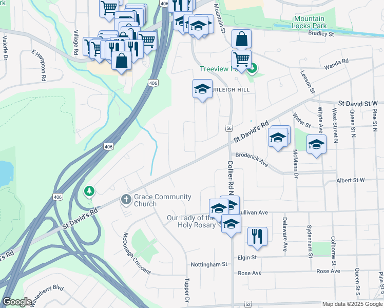 map of restaurants, bars, coffee shops, grocery stores, and more near 3 Marmac Drive in St. Catharines