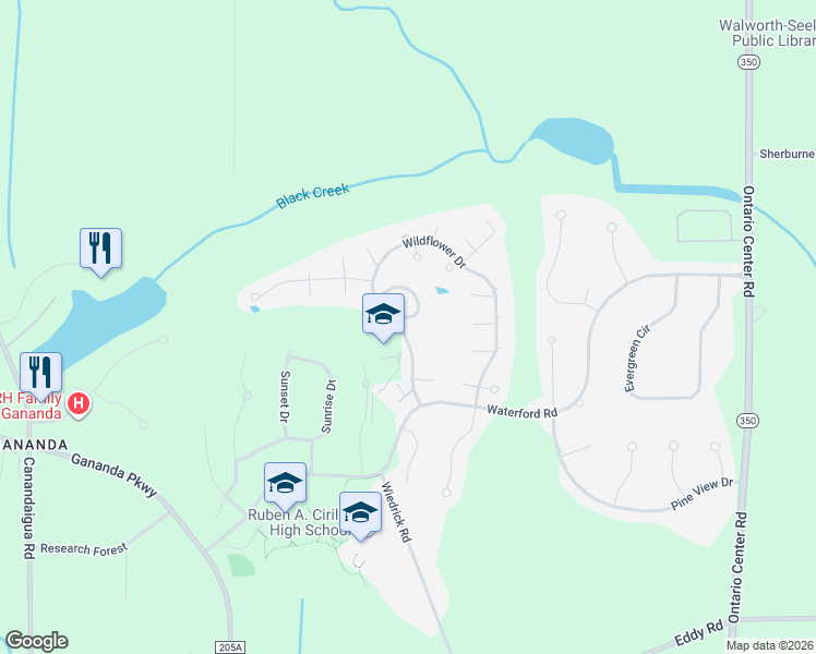 map of restaurants, bars, coffee shops, grocery stores, and more near 1516 Elderberry Circle in Walworth