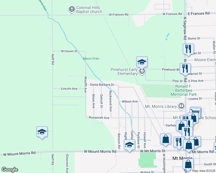 map of restaurants, bars, coffee shops, grocery stores, and more near 1309 Santa Barbara Drive in Mount Morris