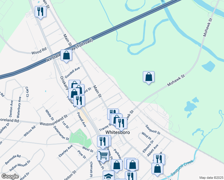 map of restaurants, bars, coffee shops, grocery stores, and more near 16 Linwood Pl in Whitesboro