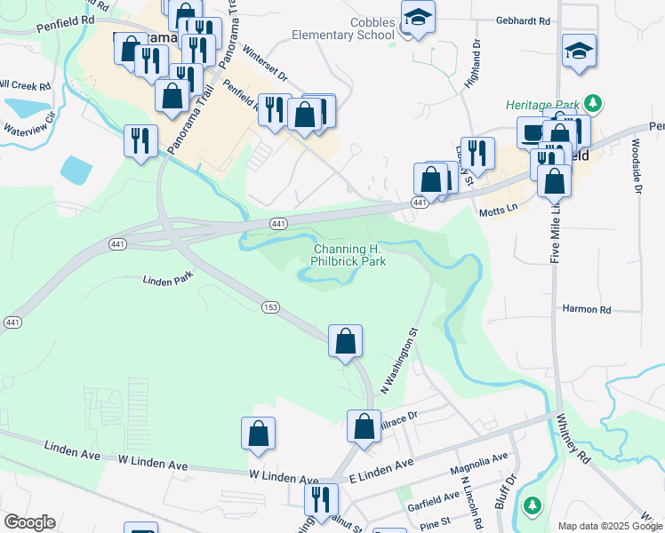 map of restaurants, bars, coffee shops, grocery stores, and more near 1 Linear Park Drive in Penfield