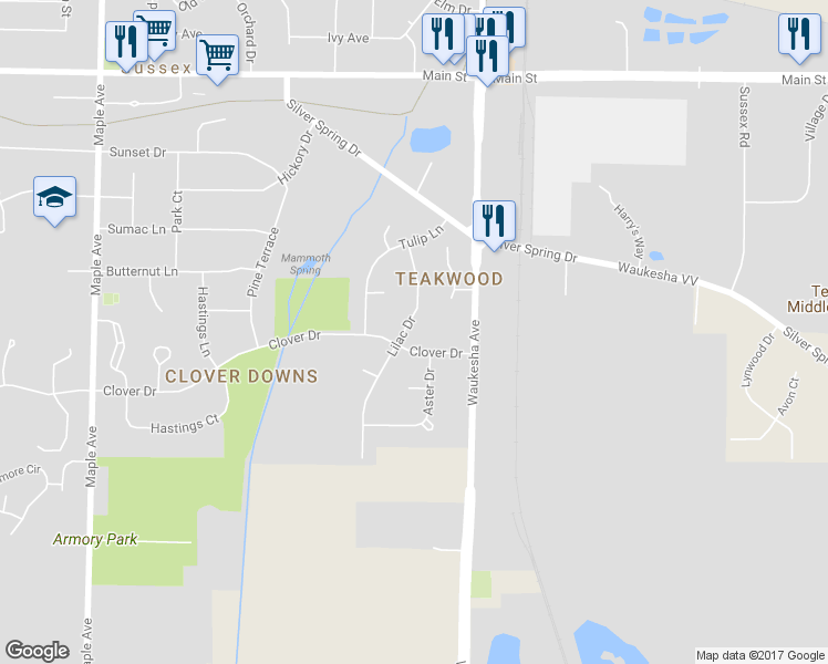 map of restaurants, bars, coffee shops, grocery stores, and more near W233N6006 Lilac Drive in Sussex