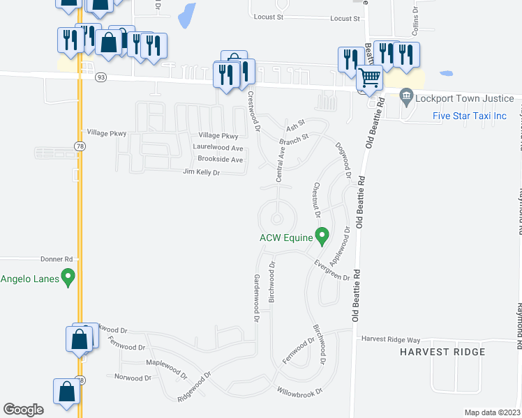 map of restaurants, bars, coffee shops, grocery stores, and more near 73 Elmhurst Drive in Lockport