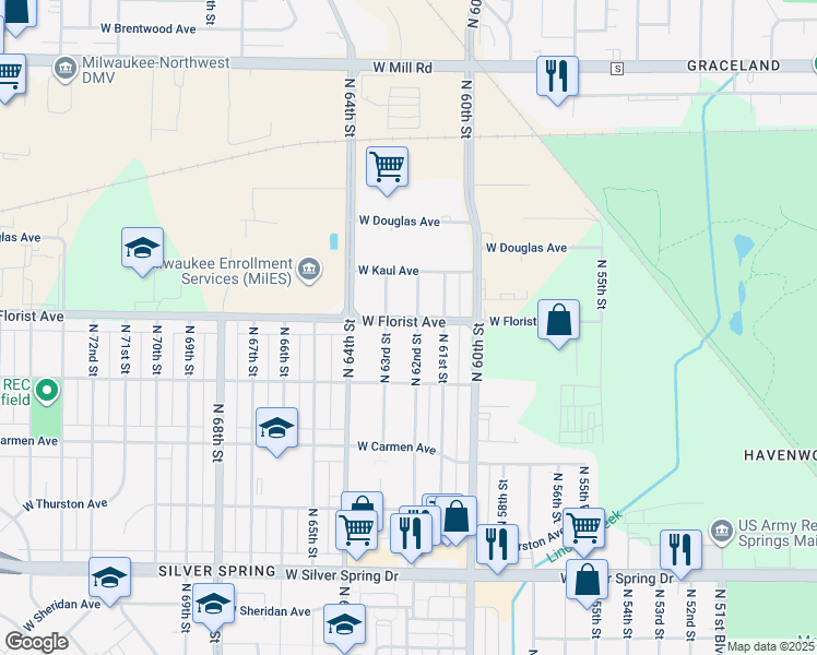 map of restaurants, bars, coffee shops, grocery stores, and more near 5977 North 62nd Street in Milwaukee