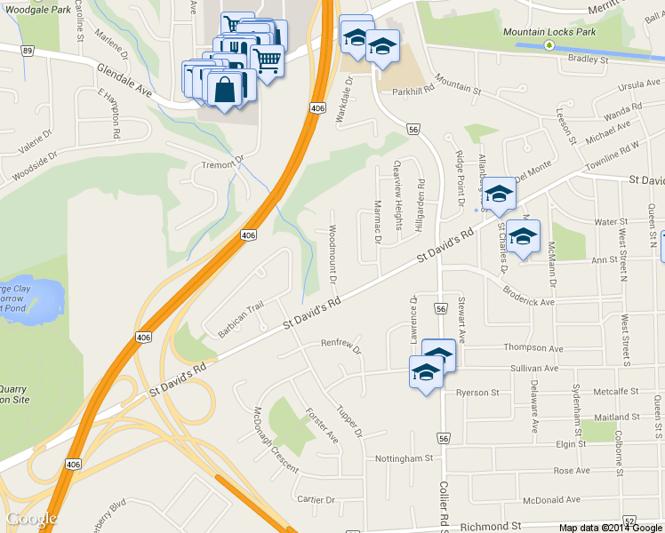 map of restaurants, bars, coffee shops, grocery stores, and more near 7 Woodmount Drive in St. Catharines