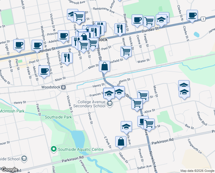 map of restaurants, bars, coffee shops, grocery stores, and more near 52 Cedar Street in Woodstock