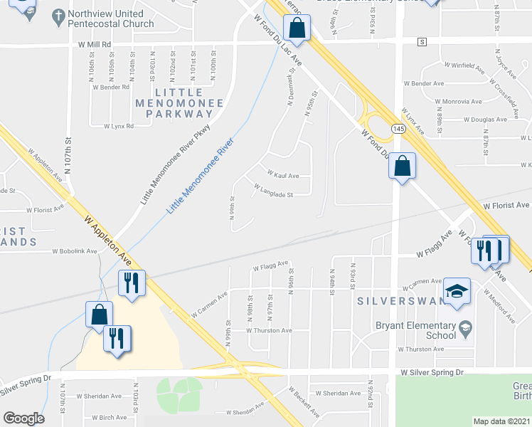 map of restaurants, bars, coffee shops, grocery stores, and more near 9805 West Menomonee Park Court in Milwaukee