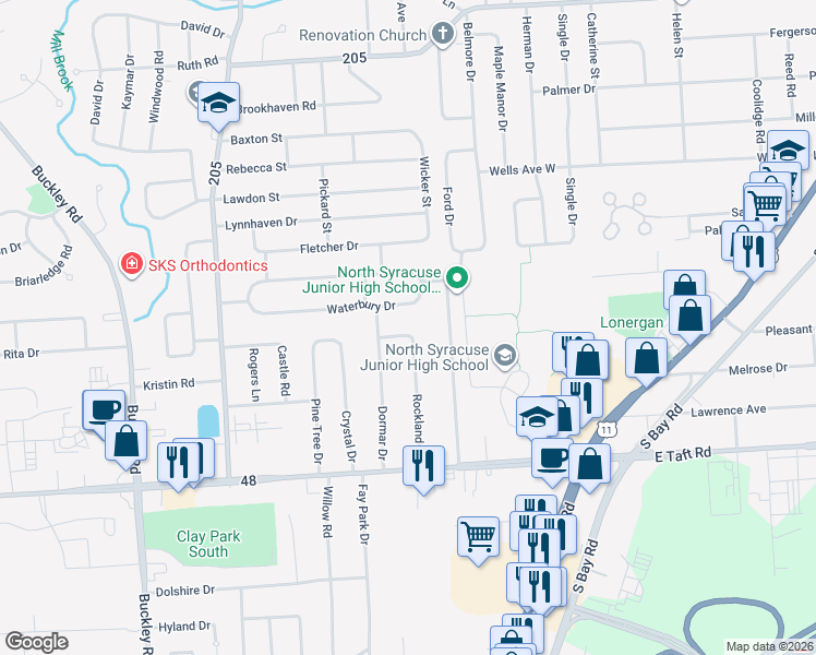 map of restaurants, bars, coffee shops, grocery stores, and more near 152 Rockland Drive in Syracuse