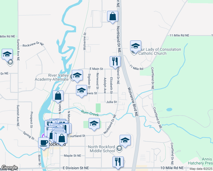 map of restaurants, bars, coffee shops, grocery stores, and more near 328 Adolph Avenue in Rockford
