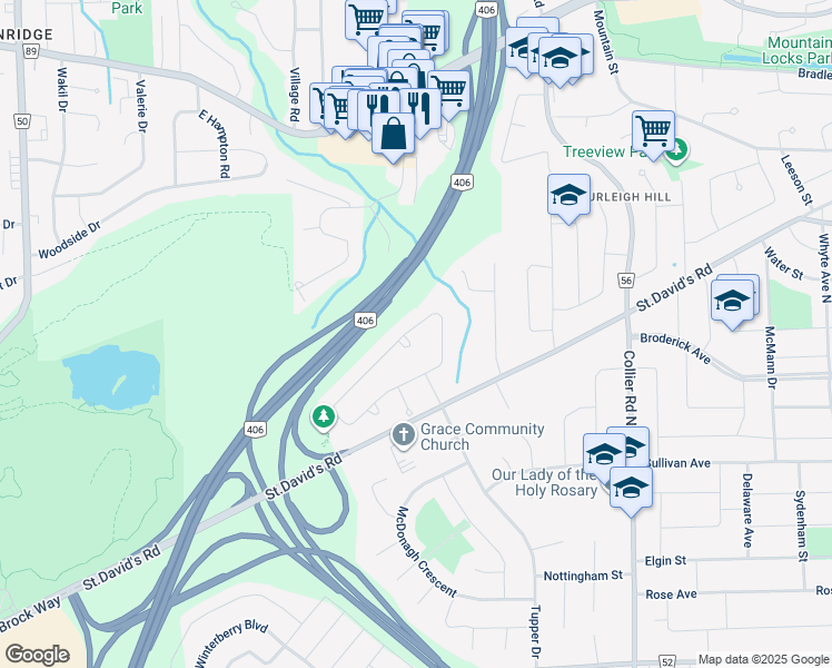 map of restaurants, bars, coffee shops, grocery stores, and more near 17 Barbican Trail in St. Catharines