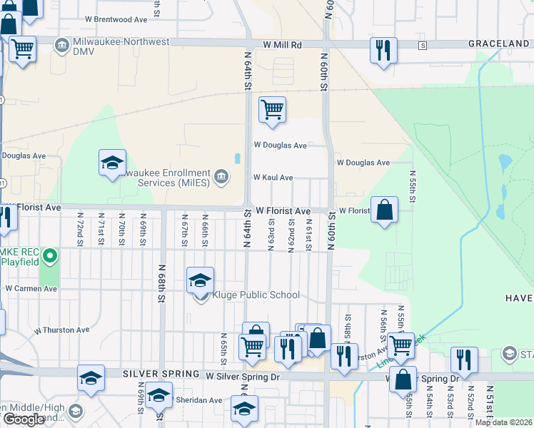 map of restaurants, bars, coffee shops, grocery stores, and more near 5975 North 63rd Street in Milwaukee