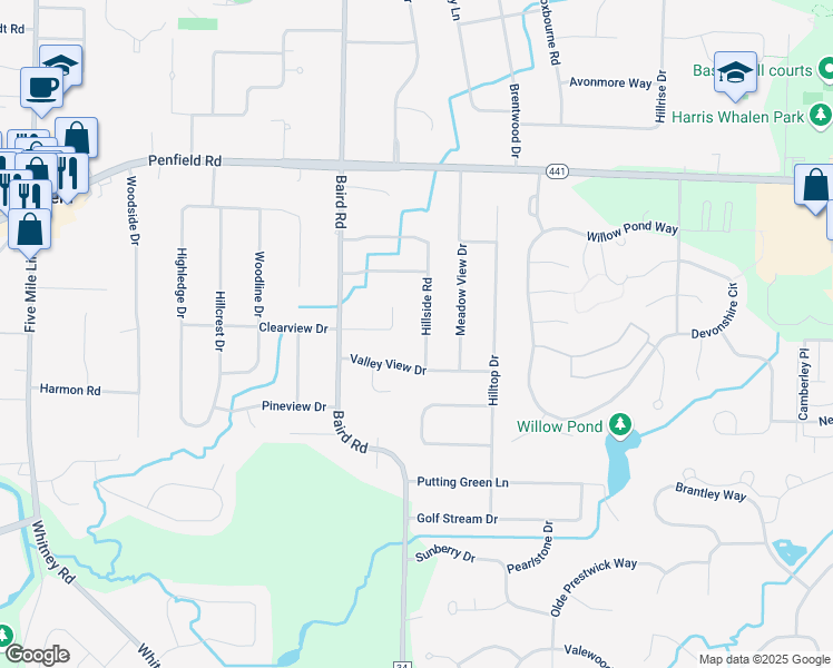 map of restaurants, bars, coffee shops, grocery stores, and more near 117 Clearview Drive in Penfield