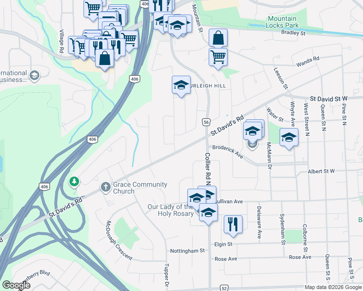 map of restaurants, bars, coffee shops, grocery stores, and more near 168 Saint David's Road in St. Catharines