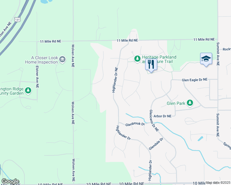 map of restaurants, bars, coffee shops, grocery stores, and more near 430 Highlander Drive Northeast in Rockford