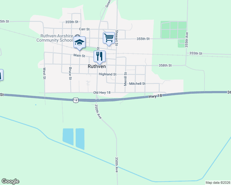 map of restaurants, bars, coffee shops, grocery stores, and more near Old Highway 18 in Ruthven