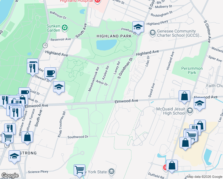 map of restaurants, bars, coffee shops, grocery stores, and more near 166 Laney Road in Rochester
