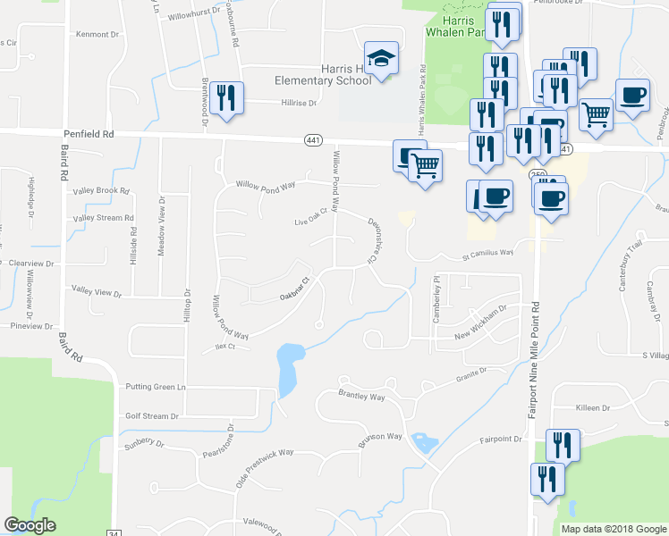 map of restaurants, bars, coffee shops, grocery stores, and more near Willow Pond Way & Devonshire Circle in Penfield