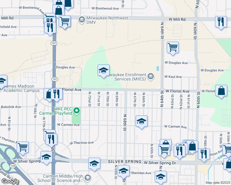 map of restaurants, bars, coffee shops, grocery stores, and more near 6909 West Florist Avenue in Milwaukee