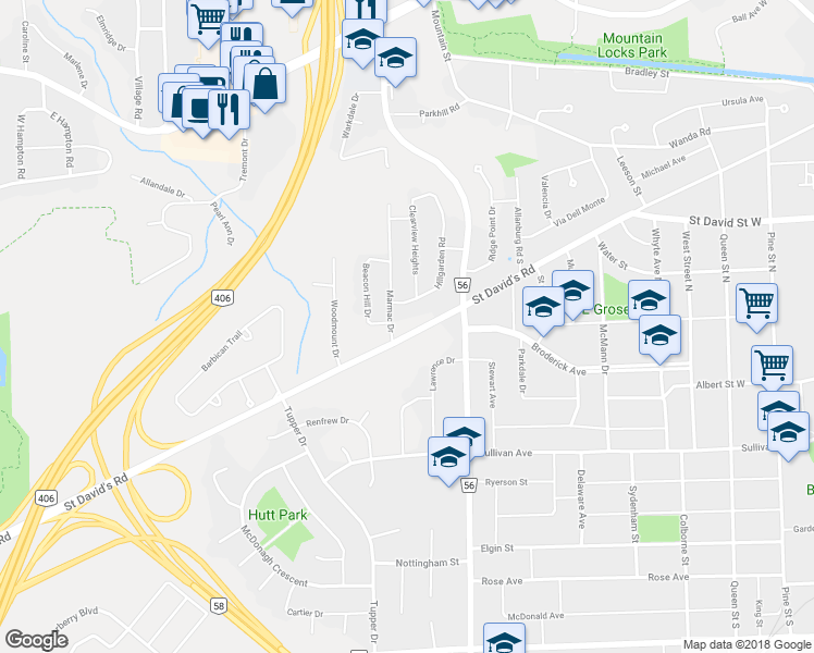 map of restaurants, bars, coffee shops, grocery stores, and more near 168 Saint David's Road in St. Catharines