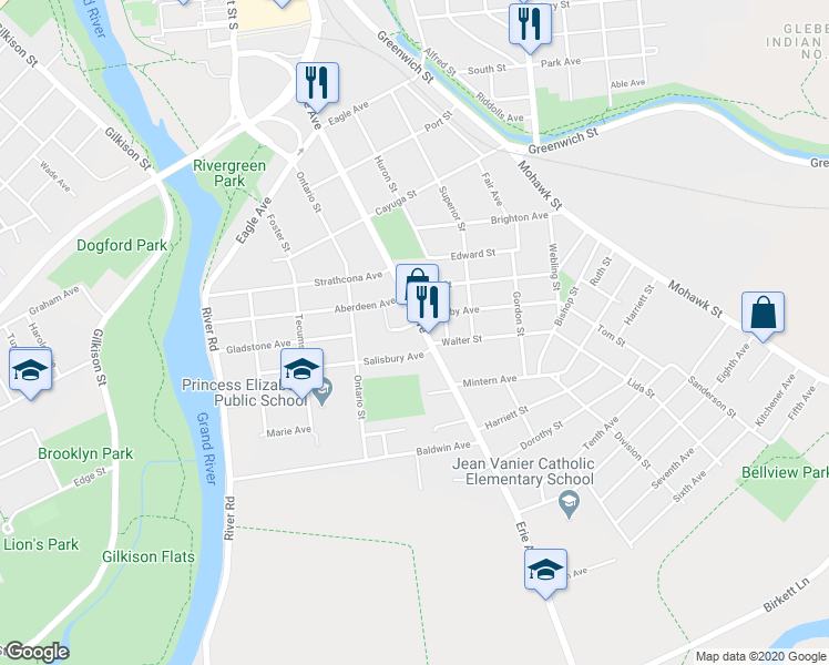 map of restaurants, bars, coffee shops, grocery stores, and more near 207 Erie Avenue in Brantford
