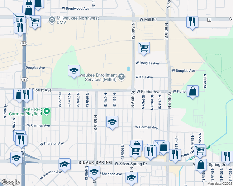 map of restaurants, bars, coffee shops, grocery stores, and more near 6527 West Florist Avenue in Milwaukee
