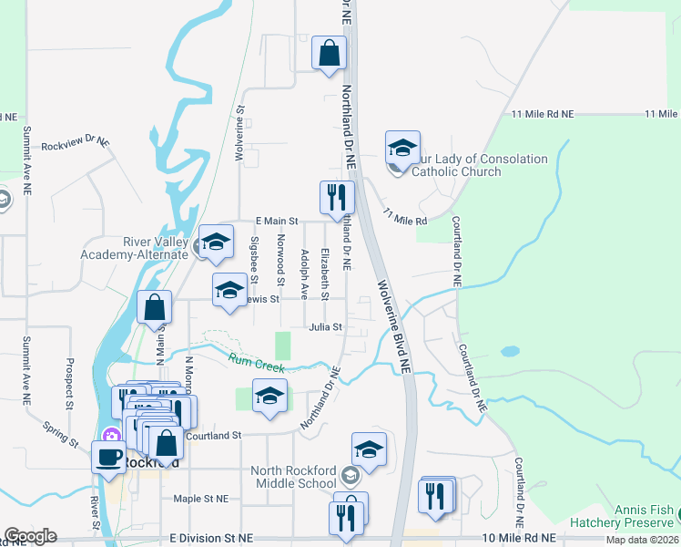 map of restaurants, bars, coffee shops, grocery stores, and more near 325 Northland Dr NE in Rockford