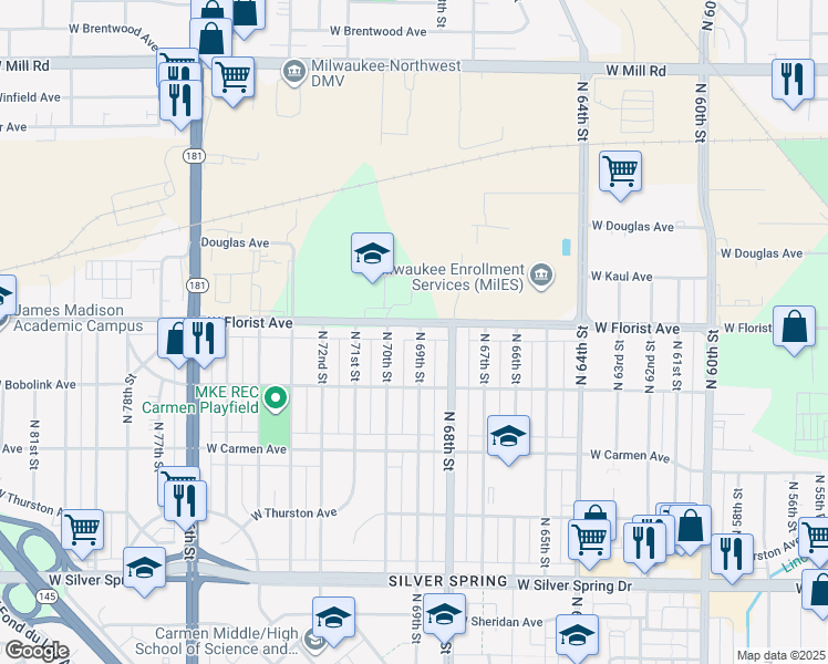 map of restaurants, bars, coffee shops, grocery stores, and more near 6909 West Florist Avenue in Milwaukee