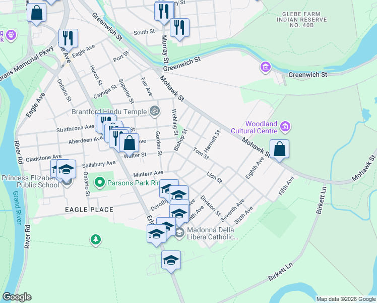 map of restaurants, bars, coffee shops, grocery stores, and more near in Brantford