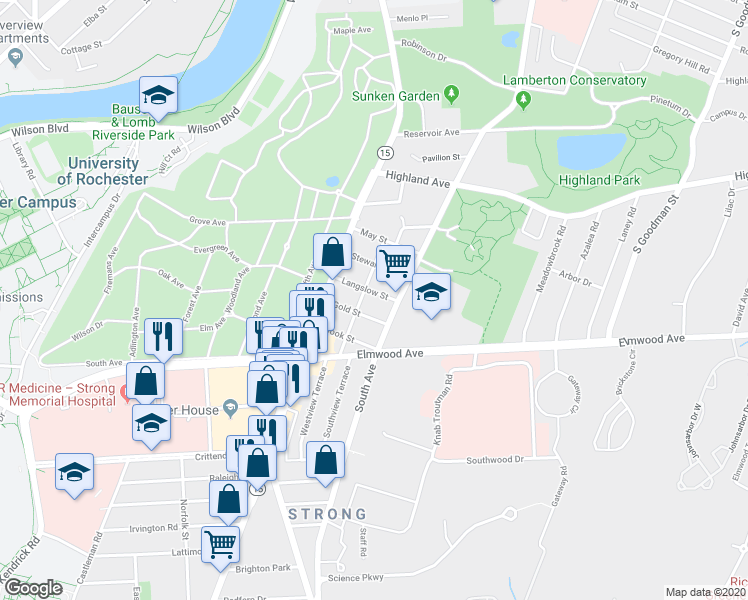 map of restaurants, bars, coffee shops, grocery stores, and more near 67 Langslow Street in Rochester