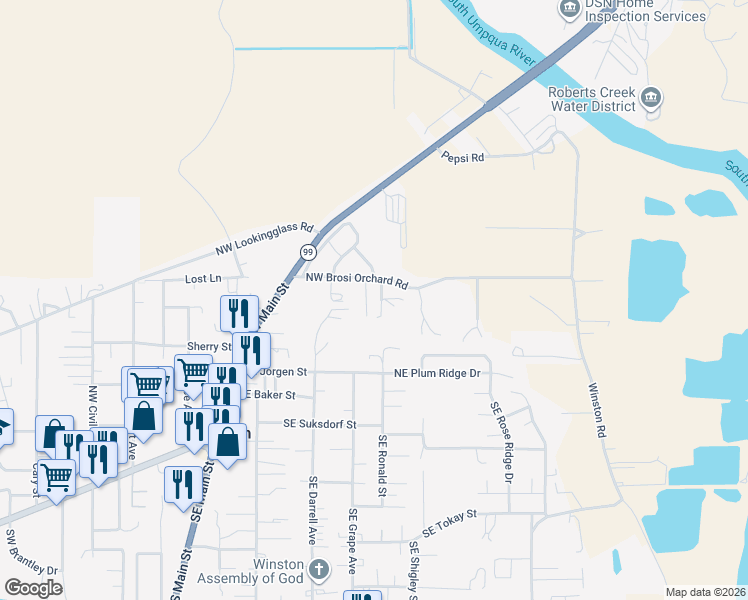 map of restaurants, bars, coffee shops, grocery stores, and more near 141 Northwest Brosi Orchard Road in Winston