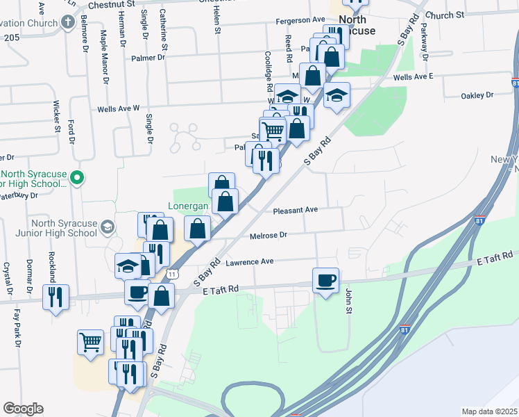 map of restaurants, bars, coffee shops, grocery stores, and more near 101 Pleasant Avenue in Syracuse