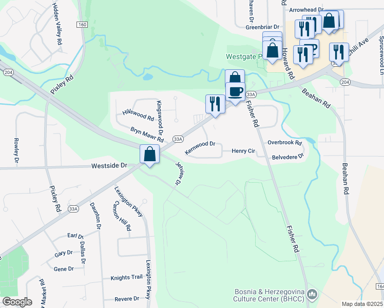 map of restaurants, bars, coffee shops, grocery stores, and more near 36 Kernwood Drive in Rochester