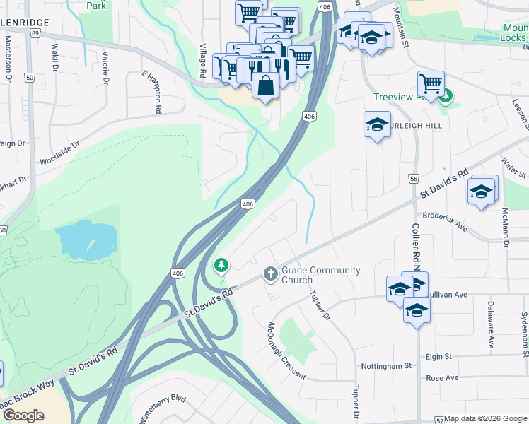 map of restaurants, bars, coffee shops, grocery stores, and more near 46 Barbican Trail in Saint Catharines